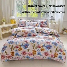 3-Piece Floral Duvet Cover Set, 100% Polyester, Soft & Breathable, Zipper Closure, Suitable For Bedroom, Hotel, Holiday Gift, Made In China - Blue - View 3