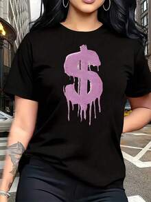 Camiseta de Mujer Talla Grande con Estampado de Dólar Morado, 1 Pieza, Divertida, de Manga Corta, con Diseño Gráfico, Novedosa, 100% Algodón, Cuello Redondo, Casual, 220g - Negro - Ver 1
