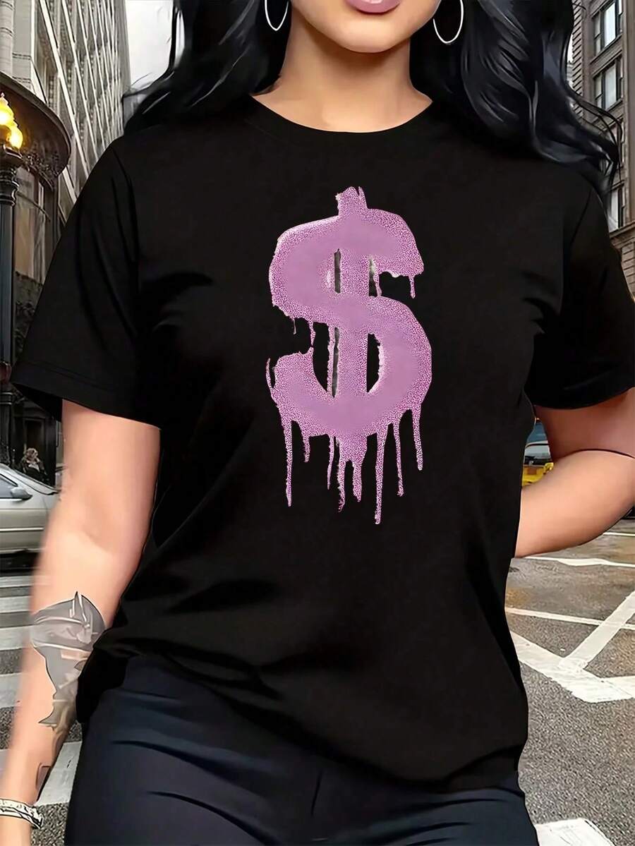 Camiseta de Mujer Talla Grande con Estampado de Dólar Morado, 1 Pieza, Divertida, de Manga Corta, con Diseño Gráfico, Novedosa, 100% Algodón, Cuello Redondo, Casual, 220g - Negro - Ver 1