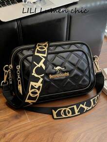 New Fashion Classic Versatile Solid Color PU Waterproof Material Rhombus Pattern Design Retro Metal Animal Logo Decor Shoulder Bag Square Bag Letter Pattern Decoration Women Wallet Crossbody Bag, Suitable For Shopping, Holiday Gift - Black - View 9