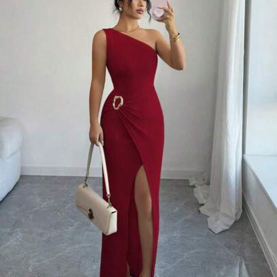 Nuevo vestido maxi de mujer de moda con unicolor, hombro asimétrico sexy con retorcido y fruncido, vestido de punto con cuello asimétrico y estilo ajustado - Burdeos - Ver 1