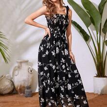 Vestido maxi con estampado floral, hombros con lazo y escote fruncido de gasa para mujer - Negro1 - Ver 6