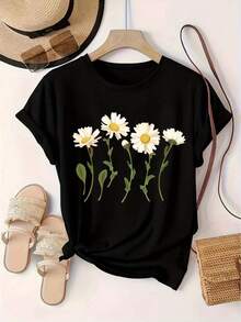 Camiseta casual de manga corta para mujer, con estampado vintage, hecha de suave tela de algodón puro, ideal para atuendos diarios. - Negro - Ver 1