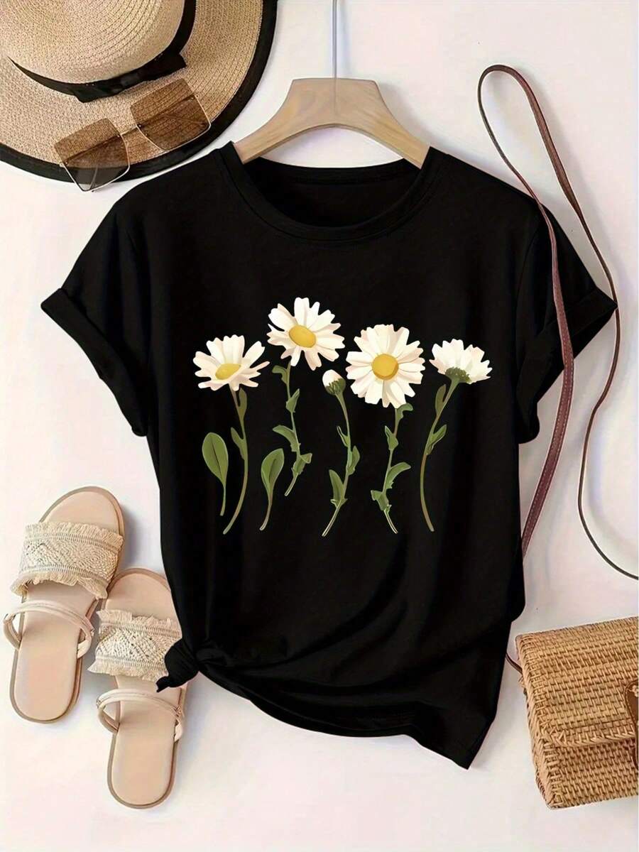 Camiseta casual de manga corta para mujer, con estampado vintage, hecha de suave tela de algodón puro, ideal para atuendos diarios. - Negro - Ver 1