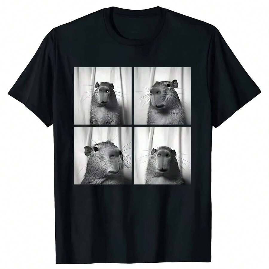 Capybara Capy Photobooth Print T-Shirts For Men And Women, Pure Cotton Humor T-Shirt, Casual Streetwear, Short Sleeve T-Shirt, Loose Fit Unisex Clothing - 彩色 - 查看 1
