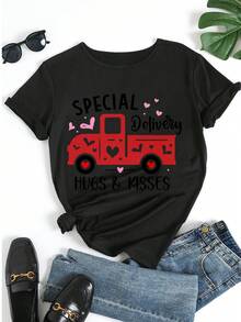 Women's Pure Cotton Short Sleeve Graphic T-Shirt Cute Red Truck Heart Print Casual Daily Top - Black - View 5