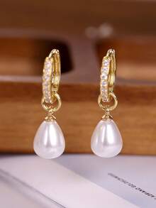1 Pair Teardrop Pearl Drop Earrings, Cubic Zirconia Inlaid Hoop Design, Gold/Silver Tone, Elegant Daily Wear Jewelry For Women - Pearl Earrings - View 6