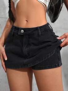 Tall Ultra-Short Denim Mini Skirt, Fashionable For Summer - Negro 2 - View 1