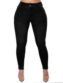 Plus-Size Pure Black Slim Jeans With Button Pockets. Simple Y2K Style, Perfect For Daily And Holiday Wear. Casual - Black - View 4