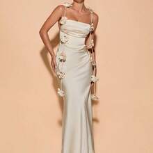 Vestido de fiesta con tirantes finos, cuello drapeado y espalda descubierta con estampado floral para mujer, ideal para bodas y vacaciones - Champán - Ver 2