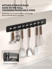 Easy To Install Black Hook Rack With 8 Adjustable Hooks - No Drilling Required, Suitable For Hanging Kitchen Utensils, Towels, Cutting Boards, Clothes And Brushes - Contemporary Style, Multi-Purpose, Space-Saving To Keep Kitchen Countertop Organized - Hook Up - View 4
