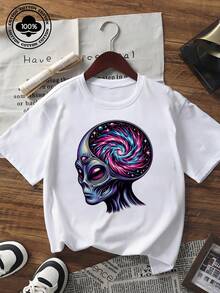 Unisex Pure Cotton Loose Fit Short-Sleeved T-Shirt Alien Galaxy Print Casual Daily Top - Bianco - Visualizzare 2