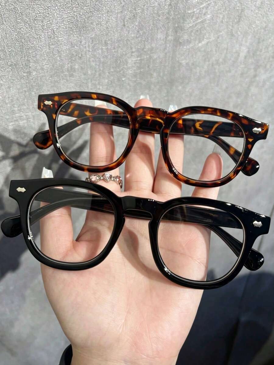 2 Pairs Y2K Cute Small Round Frame Lightweight Rivet Transparent Lens Glasses, Multi-Functional Transparent Glasses Suitable For Daily Use On Computer, TV, Gaming, Smartphone To Prevent Eye Fatigue - Clear - View 1