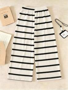 Tween GirlsSummer Casual Black & White Striped Straight Leg Pants - White - View 2