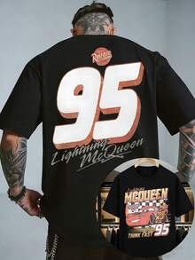 Disney Cars Lightning McQueen Varsity Tee, Distressed Letter Print, Retro American Vibe, Great For Casual Streetwear. - 黑色 - 查看 2