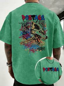 100% Cotton, 230g Weight, Casual T-Shirt With Double-Sided Graffiti-Style Wolf Head Print By Street Courier. Unisex Loose Fit, Perfect For Sports And Activities. - 卡其色 - 查看 8