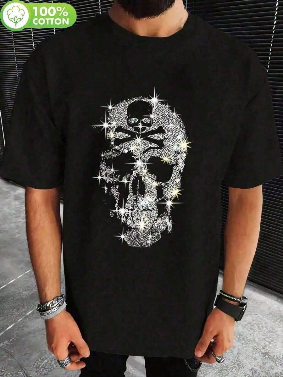 100% Algodón, Nueva Camiseta de Hombre con Estampado de Calavera y Piedra - Camiseta Negra Casual de Cuello Redondo, Diseño de Calavera Brillante, Ligera y Transpirable, Adecuada para Ropa C - Negro - Ver 1