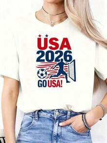 2026 World Cup Themed T-Shirt, USA 2026 World Cup Soccer Jersey, 100% Pure Cotton Soccer Jersey, Fun, Printed, Crew Neck, Short Sleeve - 白色 - 查看 1