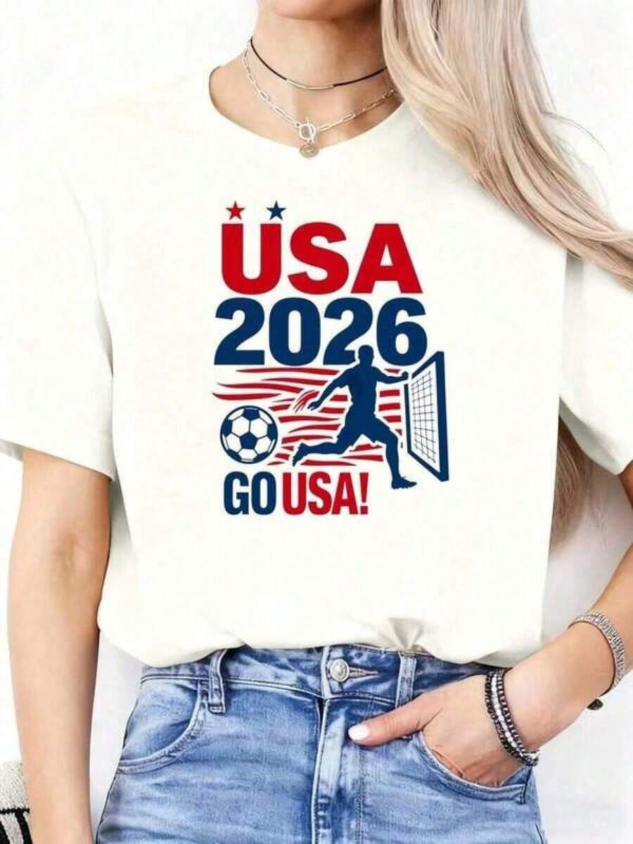 2026 World Cup Themed T-Shirt, USA 2026 World Cup Soccer Jersey, 100% Pure Cotton Soccer Jersey, Fun, Printed, Crew Neck, Short Sleeve - 白色 - 查看 1