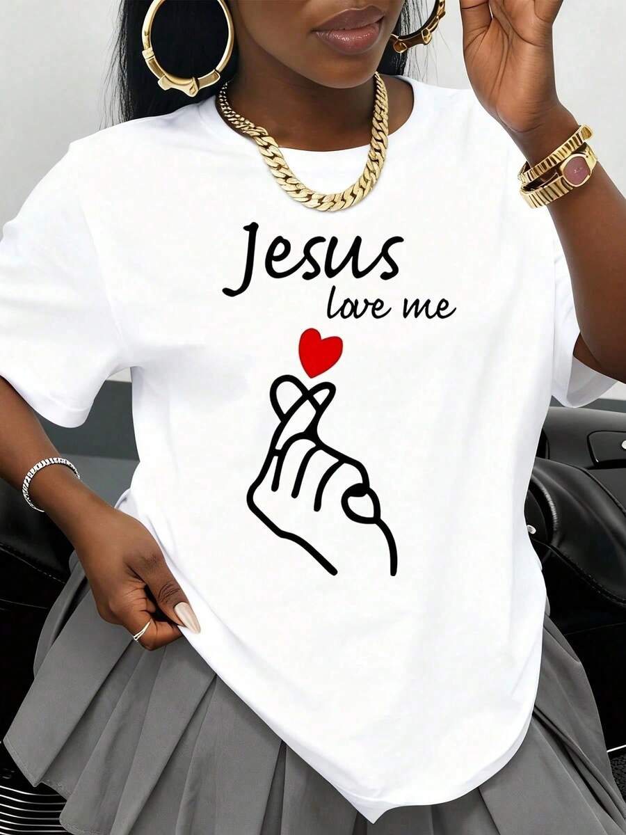 Camiseta Blanca con Diseño de Corazón y Mano con la Frase 'Jesus Love Me', Camiseta Gráfica Religiosa de Fe Cristiana para Mujer, Top Casual de Verano - Blanco - Ver 1