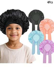 Awegeo 1Pc/4Pcs Children's Printed Silky Satin Tie-Up Sleep Cap – Fashionable & Comfortable, Breathable & Non-Slip, Suitable For Daily Hair Care - Multicolor - View 9