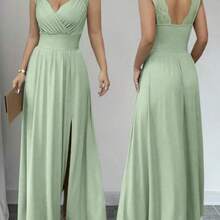 Vestido caqui de línea A con cuello en V, con volantes, cintura fruncida, sin mangas y falda con abertura, de estilo francés elegante con encaje, apropiado para uso diario - verde menta - Ver 1