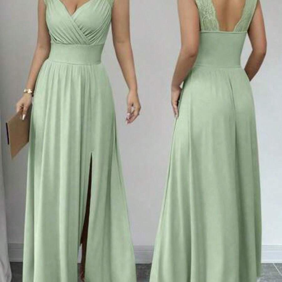 Vestido caqui de línea A con cuello en V, con volantes, cintura fruncida, sin mangas y falda con abertura, de estilo francés elegante con encaje, apropiado para uso diario - verde menta - Ver 1