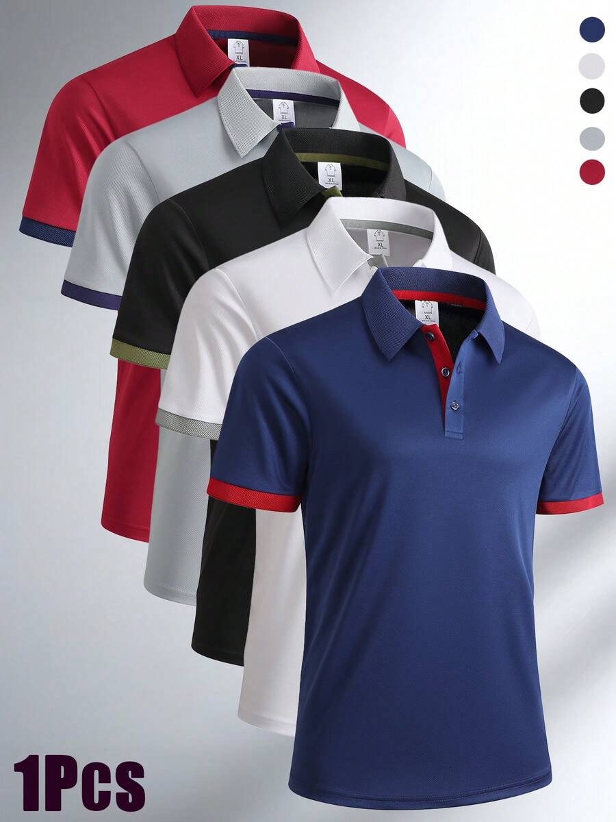 男士撞色 Polo 领休闲运动透气速干短袖衫 - 藏蓝色 - 查看 1