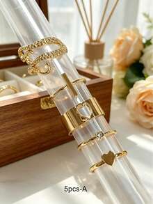 9pcs Butterfly Heart Cross Design Niche Versatile Stacking Rings For Women, European And American Style Gold Plated Rhinestone Ring Set - Gold - View 5