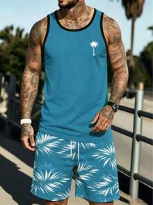 Men's Sleeveless Tank Top And Shorts Set - Mint Green - View 2