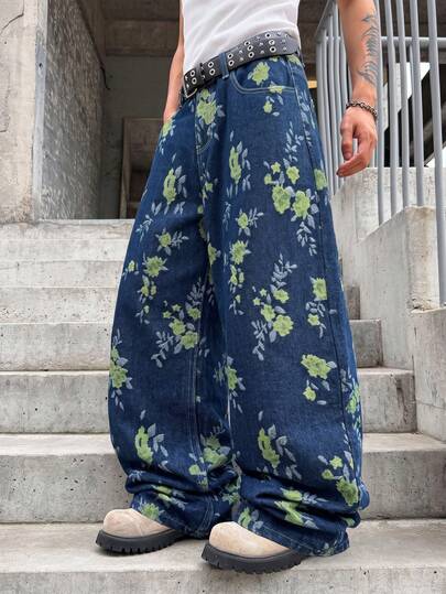 LIYS Men's Floral Jacquard Baggy Ultra Wide Leg Jeans,Unisex Retro 90s Casual Pants