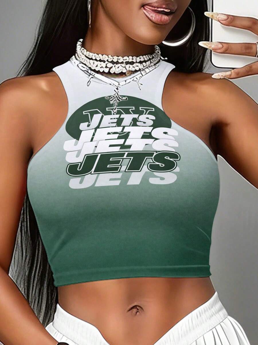 N-F-L New York Jet-S Women's 3D Print Cropped Tank Top,Breathable Sleeveless Sports Vest For Yoga, Workout & Daily Wear - style - 查看 1