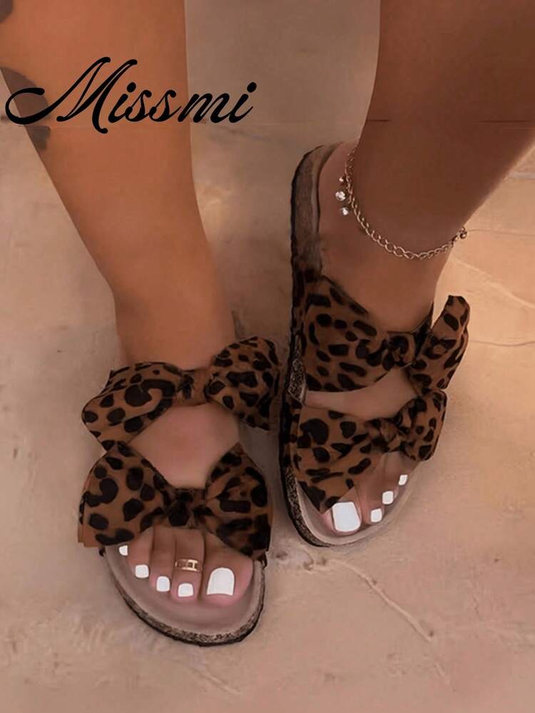 Women's Flat Casual Sandals, Bowknot Decor Strap Soft Slippers, Summer New Ladies Flat Slides,Beach Outfits - Brown - View 1