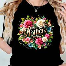 Camiseta de Mujer 1ps, Cómoda y Transpirable, Impresión por Transferencia de Calor 2D con Ramo Floral de Mariposas y Rosas para el Día de la Madre_1 Adecuada para Vestimenta Casual, Lavable - negro - Ver 2
