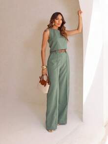 Elegant Women's Two-Piece Set In Green, Consisting Of A Sleeveless Tank Top With A Round Neckline And Wide-Leg Trousers With A Belt, Perfect For A Casual Autumn Look. - 薄荷綠 - 查看 1