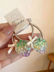 4pcs Girls Sweet Cute Acrylic Glitter Strawberry Bow Decor Elastic Non-Slip Hair Ties - Multicolor - View 2
