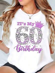 100% Algodón Camiseta Negra de Cuello Redondo con Impresión de Corona de Rhinestone "Es Mi 60º Cumpleaños" para Celebraciones de Fiesta 180g suave - Negro - Ver 1