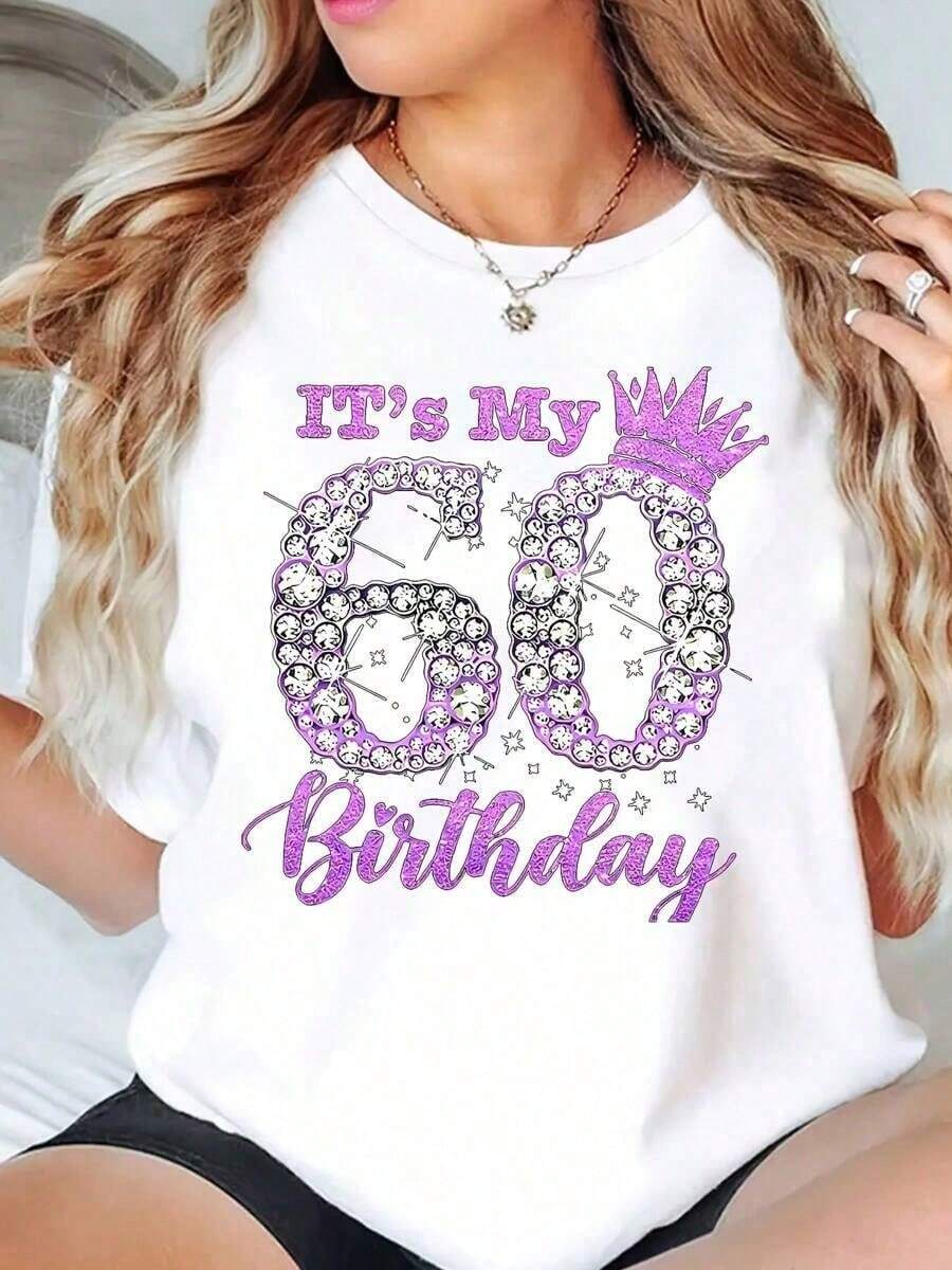 100% Algodón Camiseta Negra de Cuello Redondo con Impresión de Corona de Rhinestone "Es Mi 60º Cumpleaños" para Celebraciones de Fiesta 180g suave - Negro - Ver 1