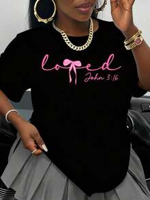 Women's White T-Shirt With Pink 'Beloved John 3:16' Design, Inspired By Christian Faith, Casual Wear, Gift For Religious Events And Everyday Style - 黑色 - 查看 1