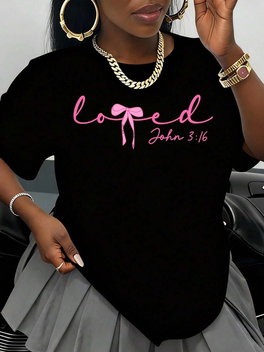 Women's White T-Shirt With Pink 'Beloved John 3:16' Design, Inspired By Christian Faith, Casual Wear, Gift For Religious Events And Everyday Style - 黑色 - 查看 1