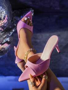 Women's High Heel Sandals, Solid Color Matte PU Leather Pointed Toe Stiletto Heel Slides, Fashionable Shoes For Dating And Parties - Pink - View 2