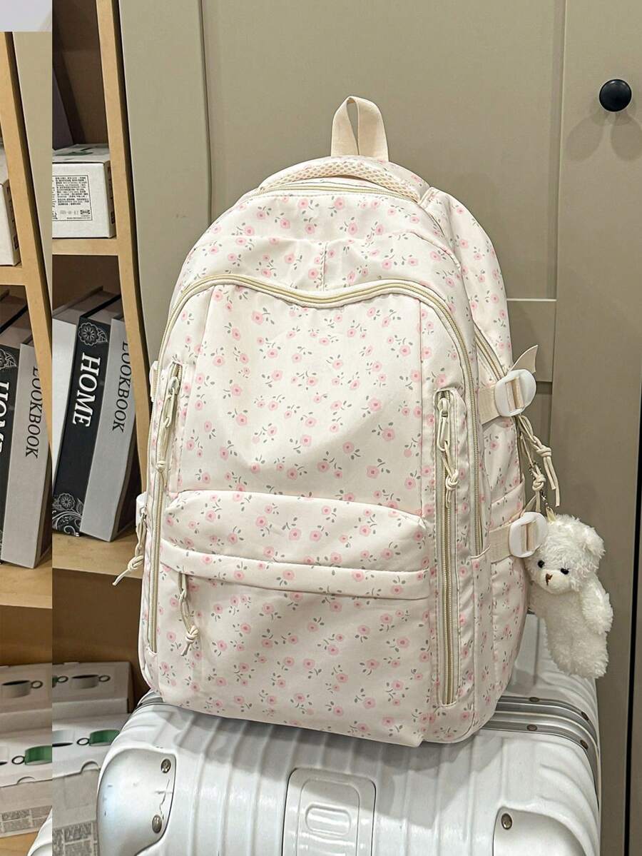 新款青少年女孩後背包,時尚花卉圖案,大容量百搭學生包,可愛大學校園書包 - 粉色 - 查看 1