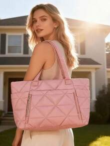 Nuevo bolso de mano para mujer de color rosa sólido, con interior espacioso con portavasos, cierre de cremallera de metal suave, asas dobles para llevar al hombro o en la mano, adecuado para - Rosa 7 - Ver 4