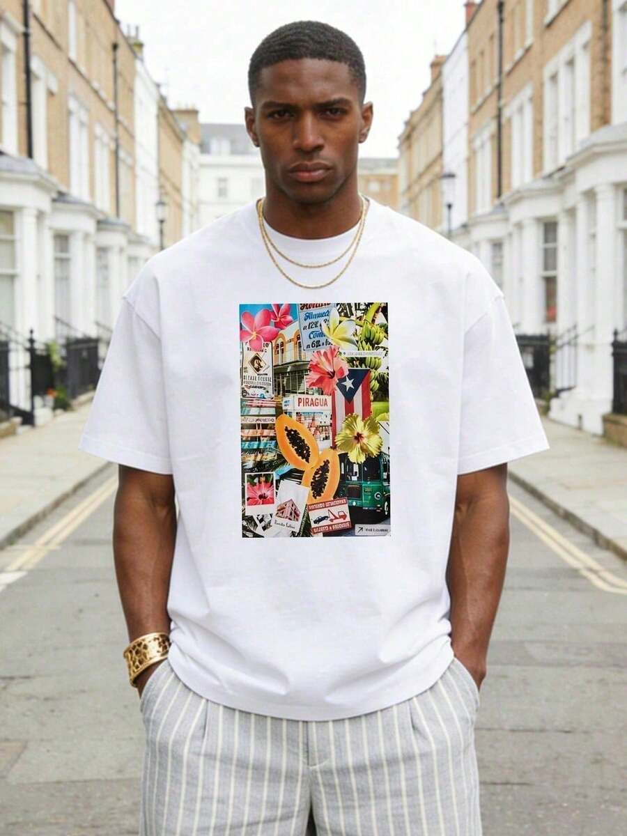 Men's Summer Casual Soft Round Neck Short Sleeve T-Shirt,Print Graphic For Spring And Summer. - 白色 - 查看 1