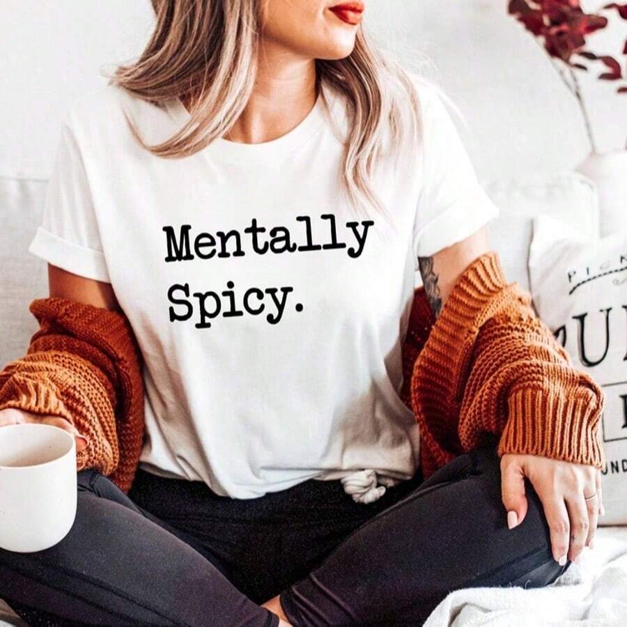 Mentally Spicy T-Shirt, Mental Health T-Shirts, Importance Of Mental Health T-Shirt, Inspirational T-Shirts For Women, Mental Health Awareness, T-Shirt For L - 白色008 - 查看 1