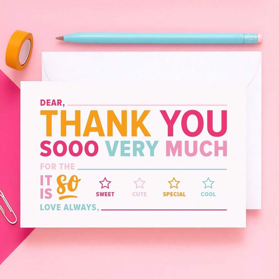 ThreeKin Collective Kids Fill-In-The-Blank Thank You Cards With White Envelopes, Double-Sided Postcards | Fun Colorful Design For Birthdays, Holidays And Other Occasions - Bright - View 1