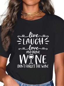 Vida, Risas, Amor, Vino, Regalos para Amantes del Vino, Humor Divertido sobre el Beber, 1 Pieza, Camiseta de Talla Grande para Mujer, Camiseta Gráfica Oversize de Manga Corta de 220g, Noveda - Negro - Ver 1