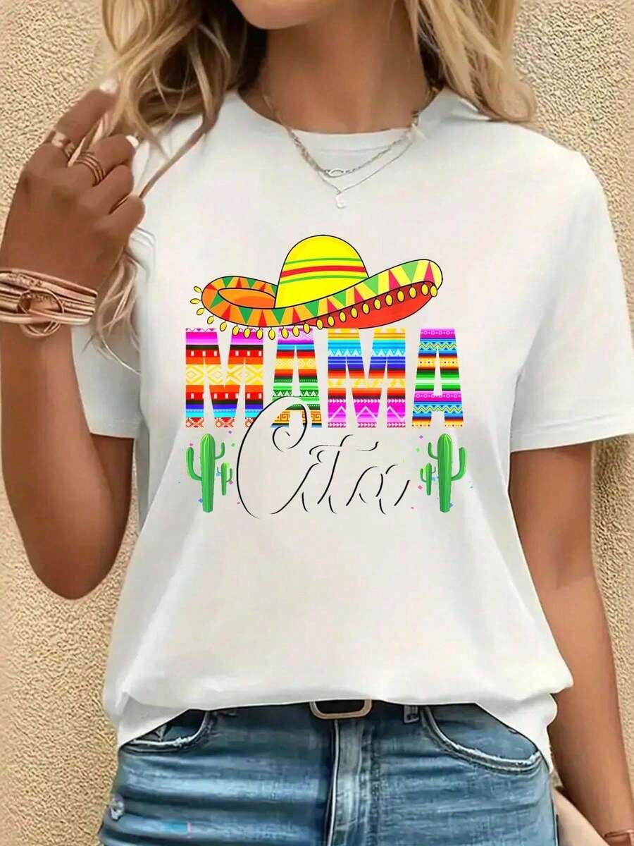 Camiseta Estampada Mamacita Cinco De Mayo Leopard Mexicana para el Día de la Madre. Camiseta Blanca de Manga Corta con Cuello Redondo Casual para Verano - Blanco - Ver 1
