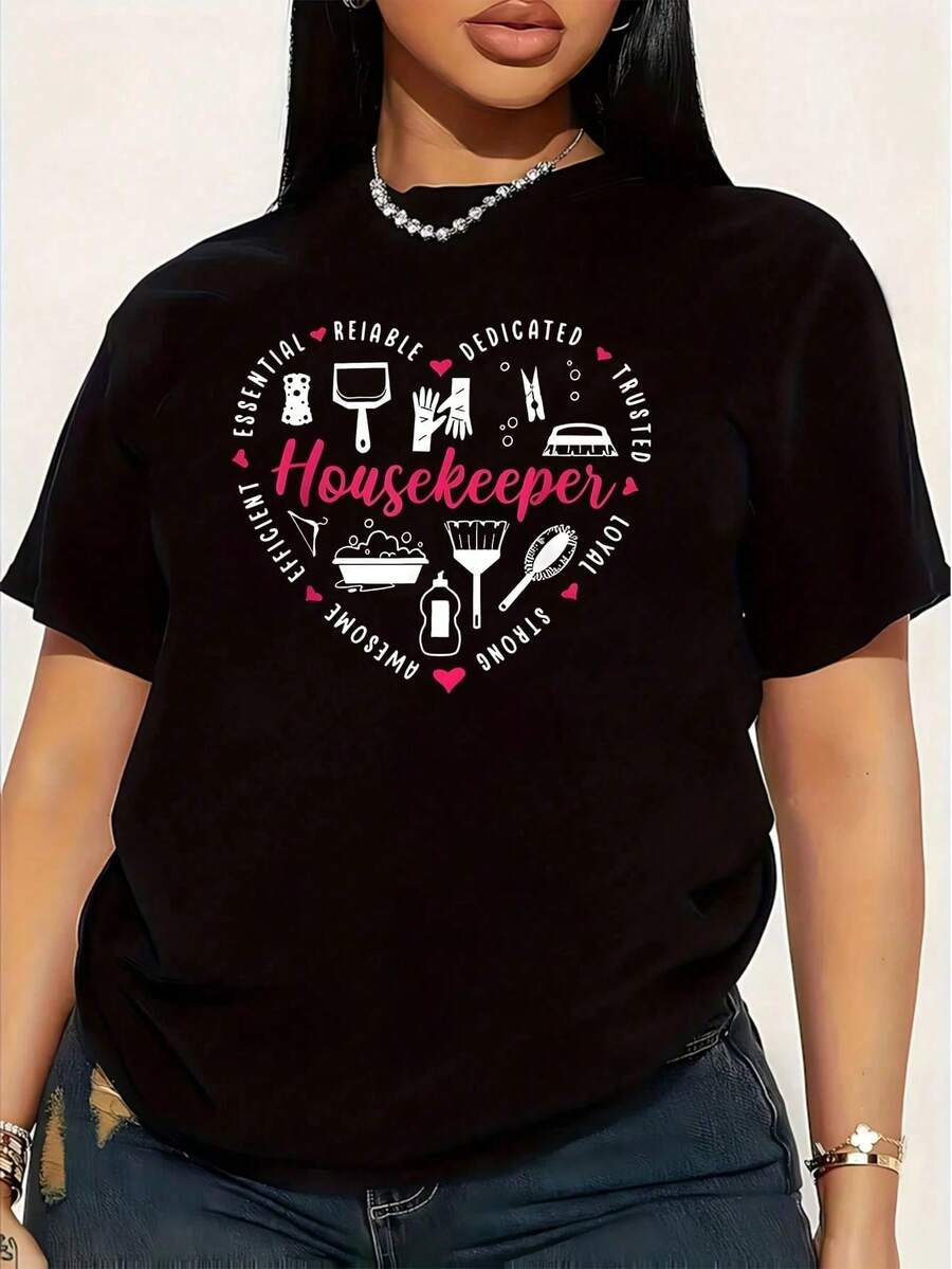Women's Plus Size T-Shirt With Funny Housewife Heart Cleaning Print, Short Sleeve, 1 Piece, 100% Cotton, Casual Crew Neck, 220g - 黑色 - 查看 1