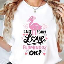 Camiseta con Estampado de Flamencos para Mujer - "Realmente Amo los Flamencos" - Camiseta Casual de Manga Corta con Corazones, Mezcla de 95% Poliéster y 5% Elastano, Ligera 180gsm, Lavable a - negro - Ver 2